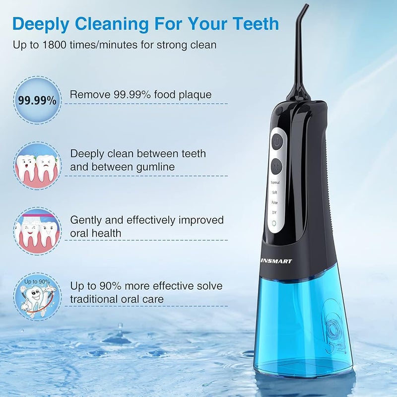 INSMART Cordless Water Dental Flosser Teeth Cleaner, Professional 300ML Tank DIY Mode USB Rechargeable Dental Oral Irrigator for Home and Travel, IPX7 Waterproof 4 Modes Irrigate for Oral Care Blue - Image 2