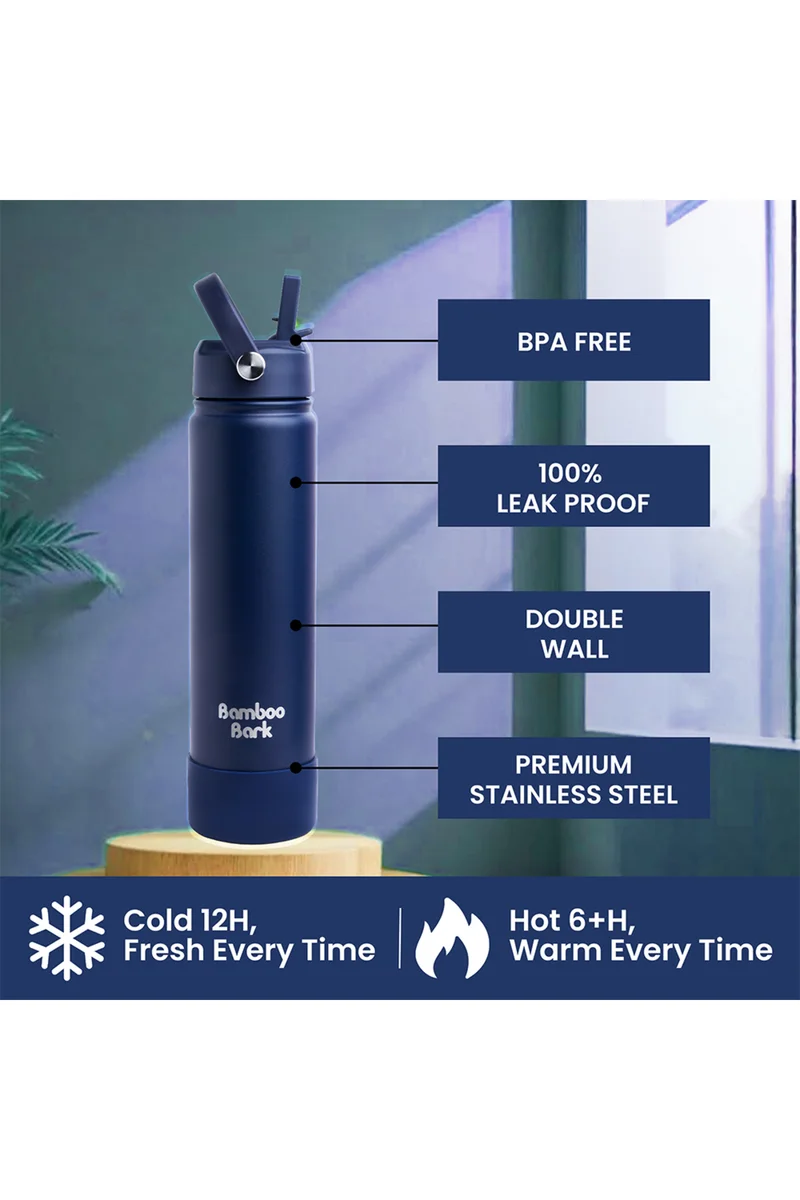 Bamboo Bark Bamboo Bark 750 ML Insulated Water Bottle with Sipper Lid – Stainless Steel Double Wall Vacuum Flask for Hot & Cold Water Leak-Proof, Reusable Sports Thermos Bottle - (Deep Navy)