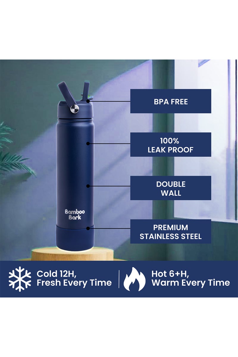 Bamboo Bark 750 ML Insulated Water Bottle with Sipper Lid – Stainless Steel Double Wall Vacuum Flask for Hot & Cold Water Leak-Proof, Reusable Sports Thermos Bottle - (Deep Navy) - Image 2