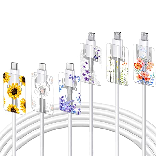 CameCosy Cute Floral Cable Protector for iPhone Charger Lavender Camellia Sunflower Flower Bouquet Lace Cherry Blossom Pattern 6 pcs Set Cable Protector for iPhone,Charging Cord Protector,Charger Saver - Image 1
