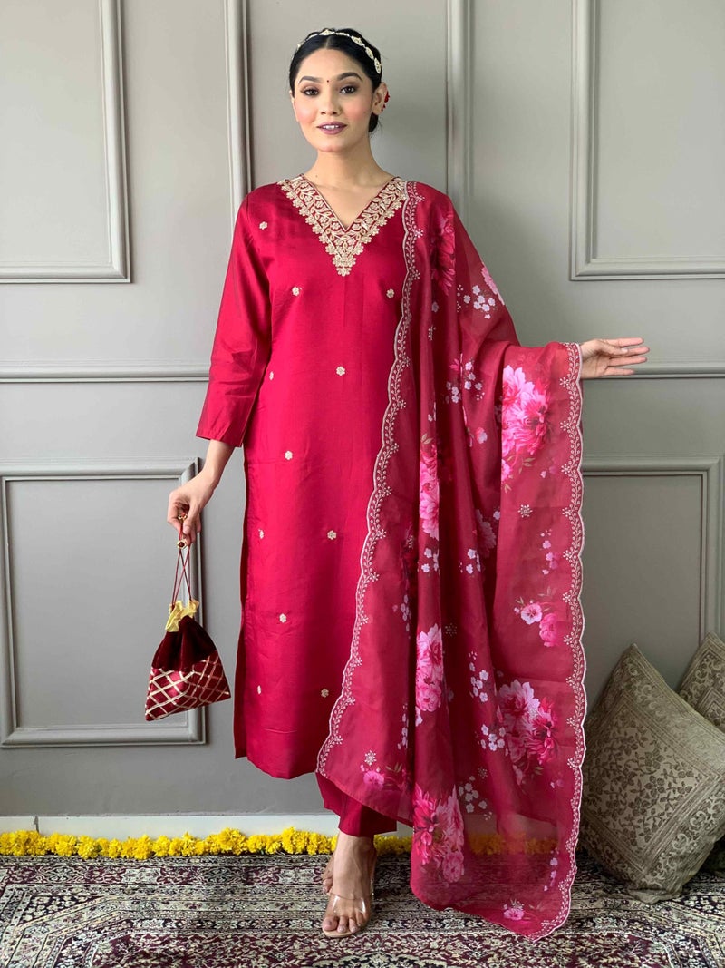 Shiv Textiles Women's Chanderi Silk Embroidered Kurta Pant Dupatta Set(JDA-Lilla-RED-L) - Image 2