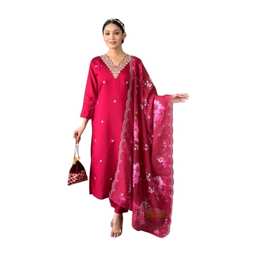Shiv Textiles Women's Chanderi Silk Embroidered Kurta Pant Dupatta Set(JDA-Lilla-RED-L) - Image 1