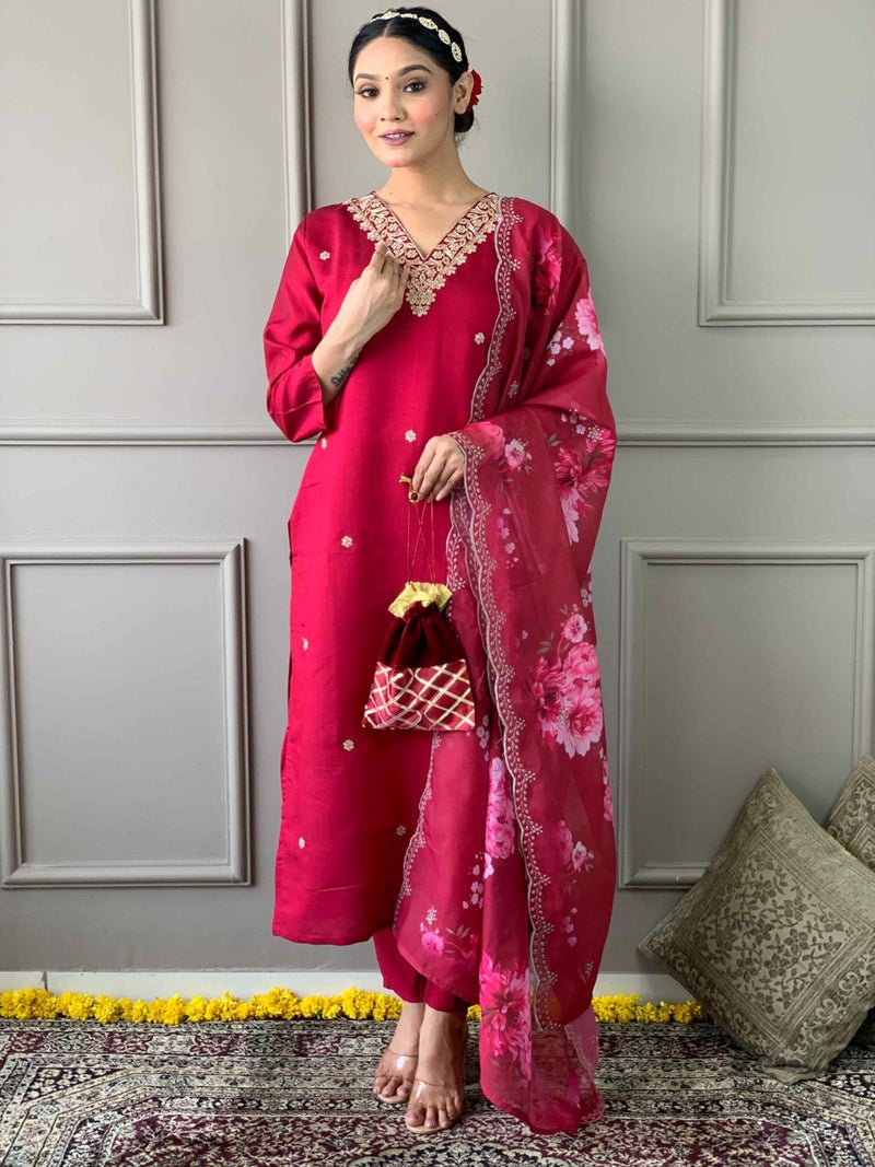 Shiv Textiles Women's Chanderi Silk Embroidered Kurta Pant Dupatta Set(JDA-Lilla-RED-L) - Image 3