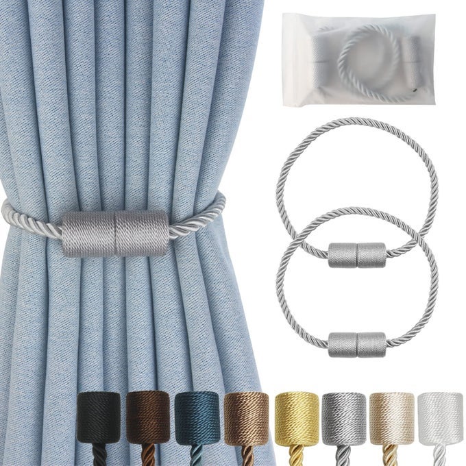 Magnetic Curtain Tiebacks 2 Pack Grey Curtain Rope Tieback Curtain Holders for Drapes Modern Tie Backs Decorative Curtain Holdbacks