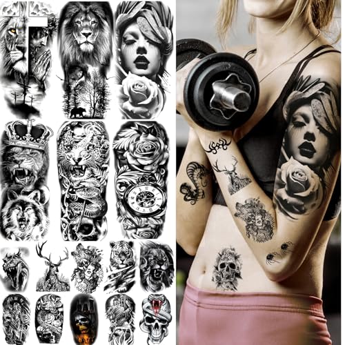 JEEFONNA 82 Sheets Temporary Tattoo for Men Women Adults, Include 12 Sheets Black 3D Half Sleeve Temporary Tattoos, Halloween Tattoos Scary Lion Wolf Tiger Skull Skeleton Tattoos Stickers - Image 3