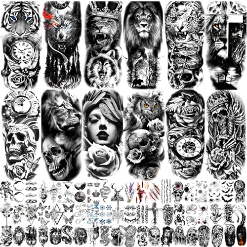 JEEFONNA 82 Sheets Temporary Tattoo for Men Women Adults, Include 12 Sheets Black 3D Half Sleeve Temporary Tattoos, Halloween Tattoos Scary Lion Wolf Tiger Skull Skeleton Tattoos Stickers - Image 1