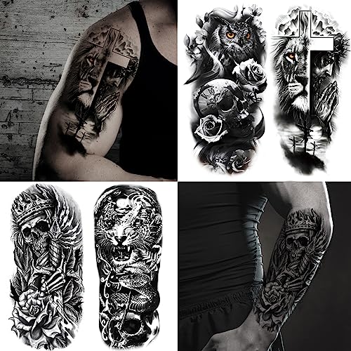 JEEFONNA 82 Sheets Temporary Tattoo for Men Women Adults, Include 12 Sheets Black 3D Half Sleeve Temporary Tattoos, Halloween Tattoos Scary Lion Wolf Tiger Skull Skeleton Tattoos Stickers - Image 2