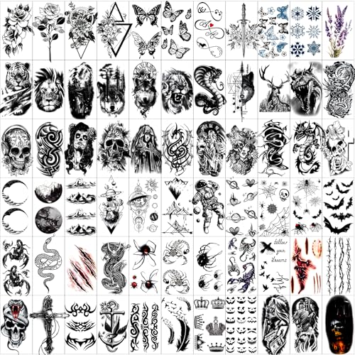 JEEFONNA 82 Sheets Temporary Tattoo for Men Women Adults, Include 12 Sheets Black 3D Half Sleeve Temporary Tattoos, Halloween Tattoos Scary Lion Wolf Tiger Skull Skeleton Tattoos Stickers - Image 5