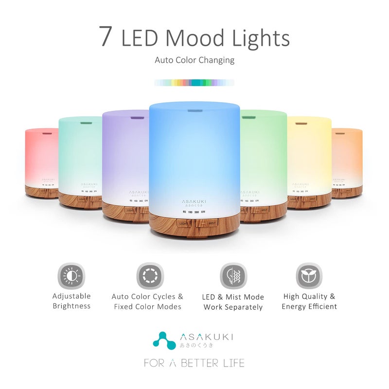 ASAKUKI 300ML Essential Oil Diffuser, Quiet 5-in-1 Premium Humidifier, Home Fragrance Aroma Diffuser with 7 LED Color Changing Light and Auto-Off Switch -Light Brown - Image 2