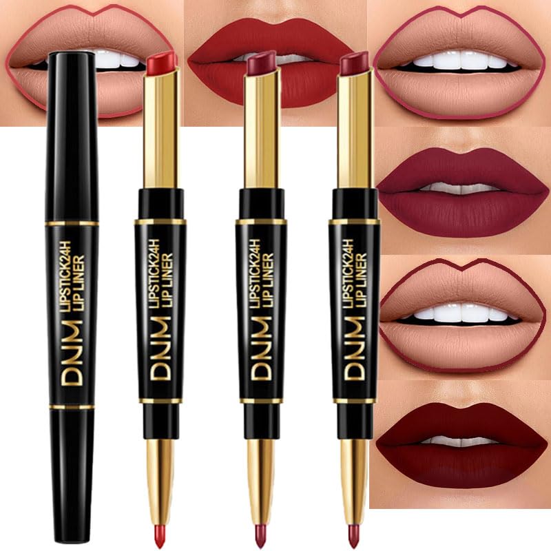evpct 3Pcs Dark Ruby Wine Red Lip Liner and Lipstick Set Kit for Women DNM Matte Matt 24 Hour Lipstick and with Lip Liner Pencil Set Waterproof Long Lasting 24 labial labiales mate 24 horas originales