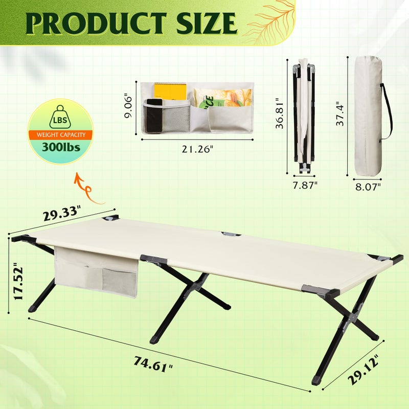 WLIVE Military Camping Cot, Portable Folding Cots for Sleeping with Carry Bag, Outdoor Camping Bed for Adults with Side Pocket, Support 300 Lbs, Silver Greige - Image 3
