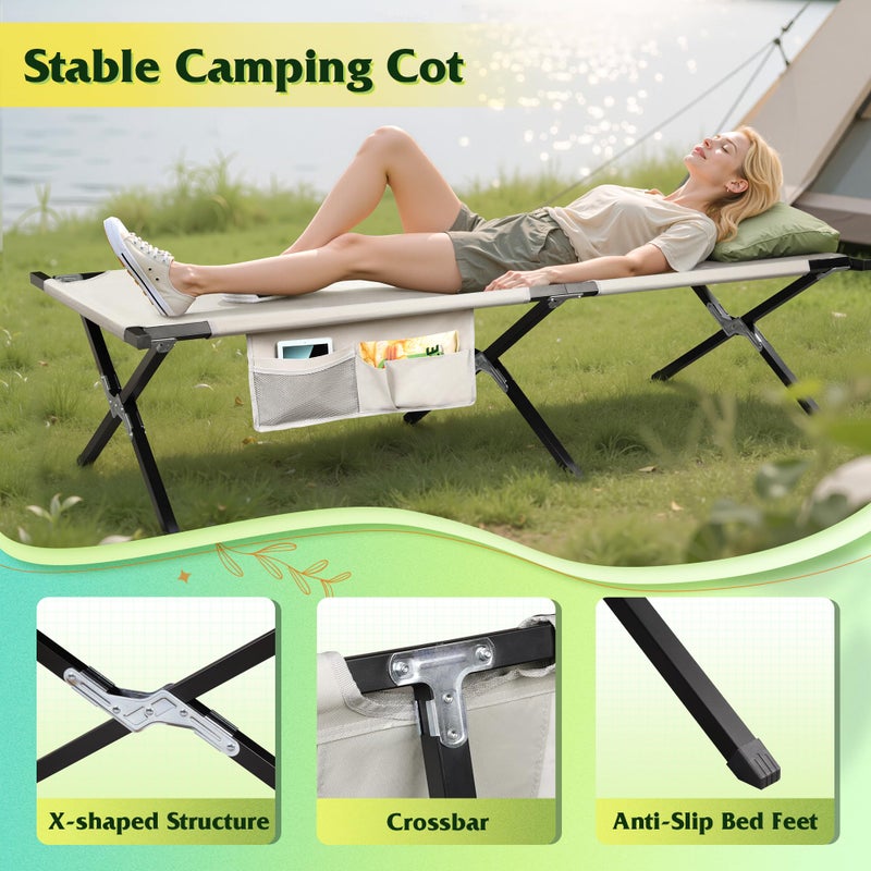 WLIVE Military Camping Cot, Portable Folding Cots for Sleeping with Carry Bag, Outdoor Camping Bed for Adults with Side Pocket, Support 300 Lbs, Silver Greige - Image 4