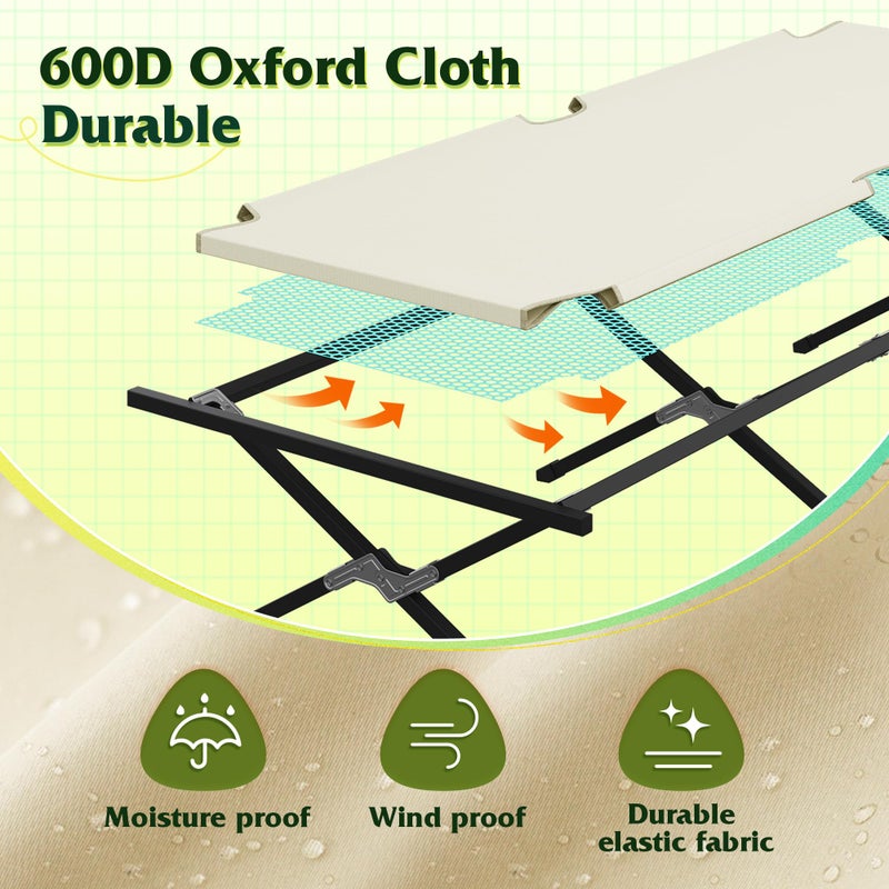 WLIVE Military Camping Cot, Portable Folding Cots for Sleeping with Carry Bag, Outdoor Camping Bed for Adults with Side Pocket, Support 300 Lbs, Silver Greige - Image 2