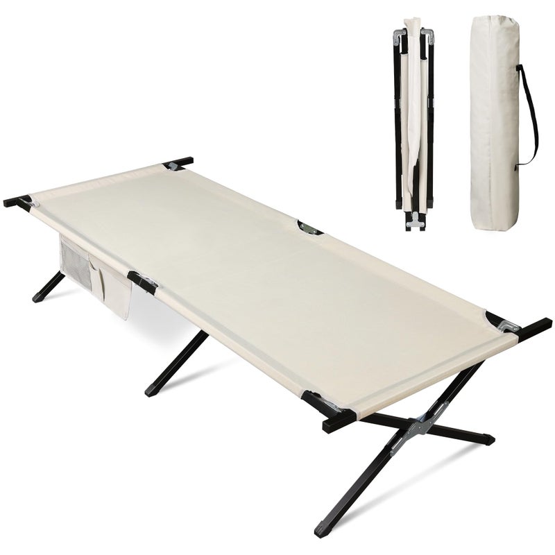 WLIVE Military Camping Cot, Portable Folding Cots for Sleeping with Carry Bag, Outdoor Camping Bed for Adults with Side Pocket, Support 300 Lbs, Silver Greige - Image 1