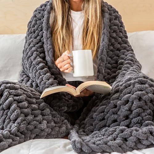 SAMIAH LUXE Chunky Knit Blanket Throw 50x70, Grey Chenille Chunky Knit Throw Blanket for Living Room Decor or Boho Decor, Thick Yarn Knitted Blankets for Couch or Bed, Cable Knitted Crochet Blankets - Image 1