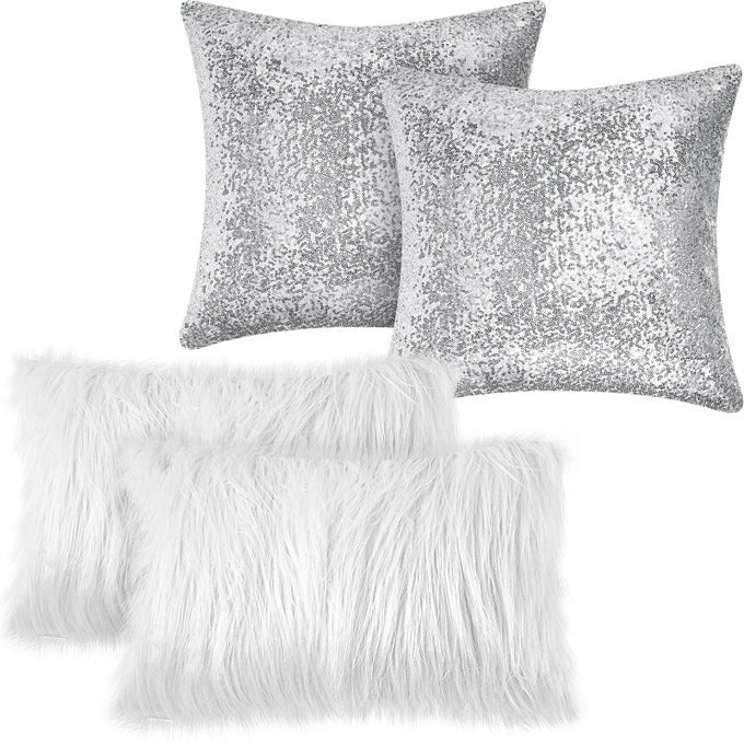 4 PCS PILLOW COVERS WINTER THROW PILLOW CASES SOFT CUSHION COVER FOR COUCH BED SOFA XMAS DAY 18 X 18 INCHWHITE SILVER