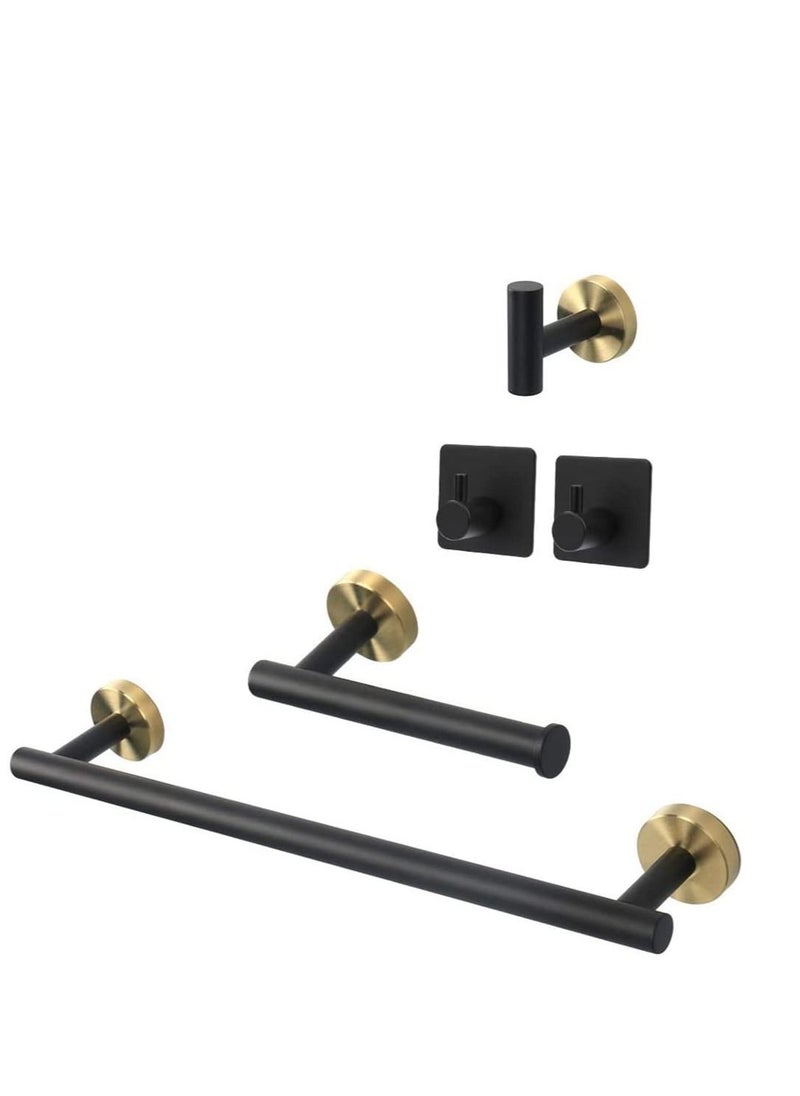 Y&D Towel Bar Set, 5 PCS Bathroom Hardware Set Matte Black Stainless Steel Accessories Rack Round Wall Mounted Include Bar+Toilet Paper Holder+3 Robe Hooks (16")  - Image 1