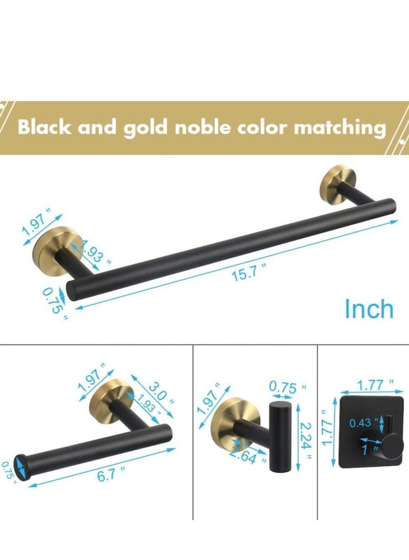 Y&D - Towel Bar Set, 5 PCS Bathroom Hardware Set Matte Black Stainless Steel Accessories Rack Round Wall Mounted Include Bar+Toilet Paper Holder+3 Robe Hooks (16") - Image 1
