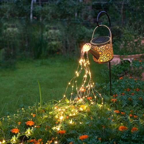 Misawce Outdoor Solar Metal Watering Can Small Hanging Decorative Waterproof Lights for Garden Decor, Yard Lights, Outside Patio Lawn, Gifts for Mom Grandma Women Birthday,1 pack, Warm White - Image 1