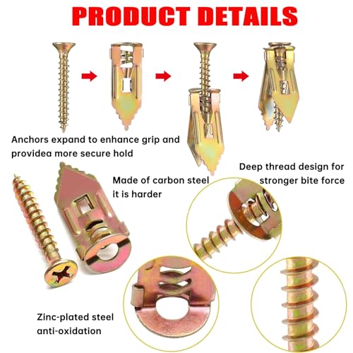 MEILLYOCEAN 210Pcs Self Drilling Drywall Anchors with Screws Kit, Heavy Duty Zinc Plated Steel Expansion Anchors & Screws (3 Sizes), No Drill Needed for TV, Shelf, Mirror, Cabinet, Picture Frame Mounting - Image 3