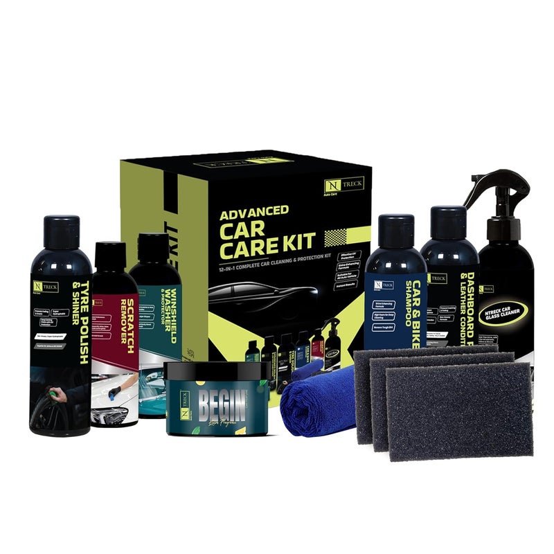 N Treck NTreck Advanced Car Cleaning Kit - 12 Pcs | Contains Car Perfume, Dashboard & Tyre Polish, Glass Cleaner, Car & Bike Shampoo, Windshield Washer, Scratch Remover, 2 Microfiber Cloth & 3 Applicator - Image 1