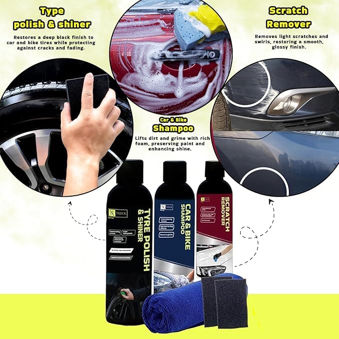 N Treck NTreck Advanced Car Cleaning Kit - 12 Pcs | Contains Car Perfume, Dashboard & Tyre Polish, Glass Cleaner, Car & Bike Shampoo, Windshield Washer, Scratch Remover, 2 Microfiber Cloth & 3 Applicator - Image 3