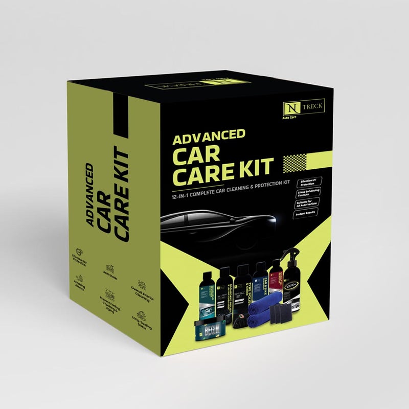 N Treck NTreck Advanced Car Cleaning Kit - 12 Pcs | Contains Car Perfume, Dashboard & Tyre Polish, Glass Cleaner, Car & Bike Shampoo, Windshield Washer, Scratch Remover, 2 Microfiber Cloth & 3 Applicator - Image 2