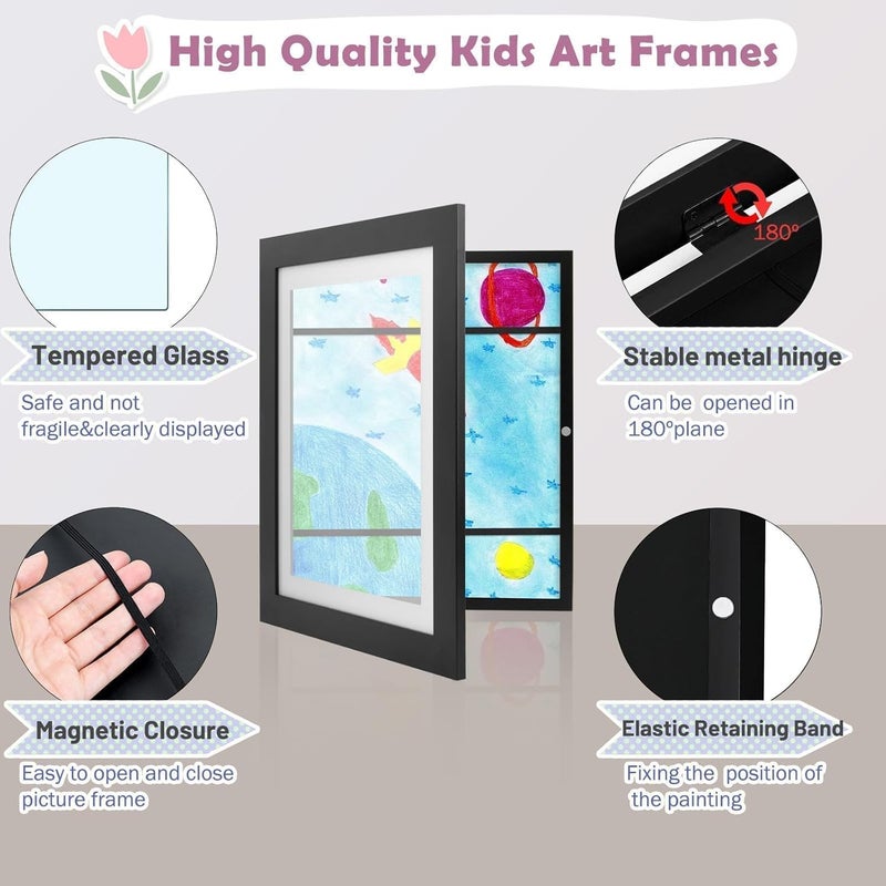 Frametory 2 Pack Magnetic Kids Art Frames, 10x12.5 Inch Artwork Display Storage Frame for Drawings & Photos, Black Front Opening Frame Changeable for Wall, Holds Up to 50+ Crafts, 3D Paintings - Image 3