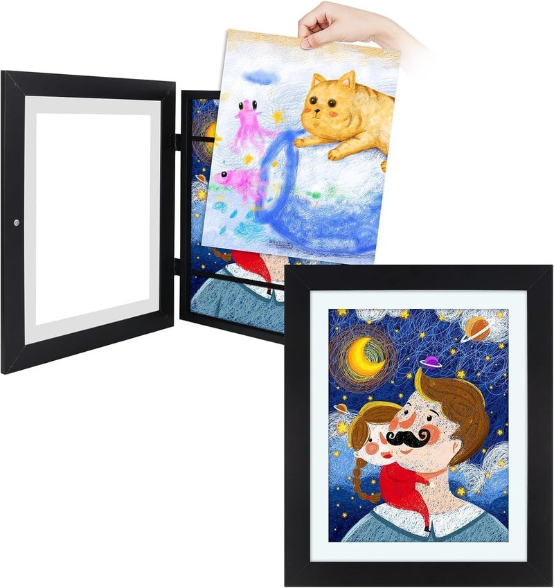 Frametory 2 Pack Magnetic Kids Art Frames, 10x12.5 Inch Artwork Display Storage Frame for Drawings & Photos, Black Front Opening Frame Changeable for Wall, Holds Up to 50+ Crafts, 3D Paintings - Image 1