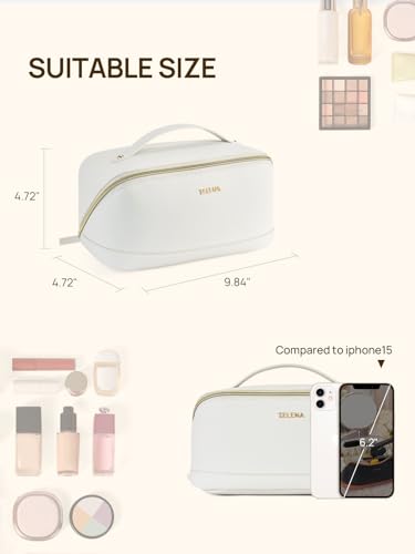 Telena Leather make up bag Large Capacity travel makeup bag cosmetic bag with Handle and Divider Open Flat - Image 5
