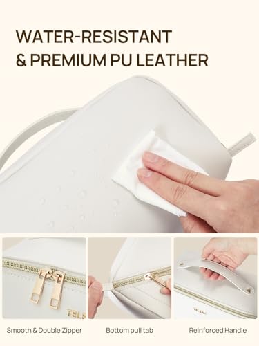 Telena Leather make up bag Large Capacity travel makeup bag cosmetic bag with Handle and Divider Open Flat - Image 3