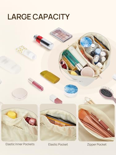 Telena Leather make up bag Large Capacity travel makeup bag cosmetic bag with Handle and Divider Open Flat - Image 2
