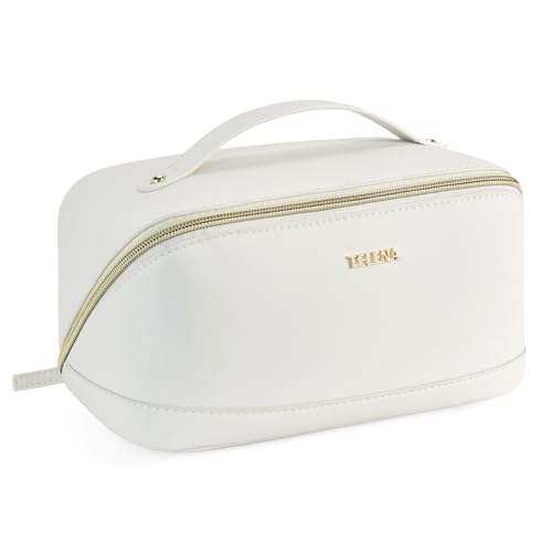 Telena Leather make up bag Large Capacity travel makeup bag cosmetic bag with Handle and Divider Open Flat - Image 1