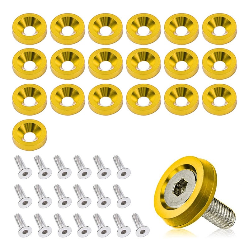 20PCS Aluminum Bumper Fender Washer Stainless Steel Bolts Engine Bay Dress Up Fastener Kit M6 JDM Fender Washer Car Body Decoration Kit for Headlights Trunk License Plate Frame Yellow