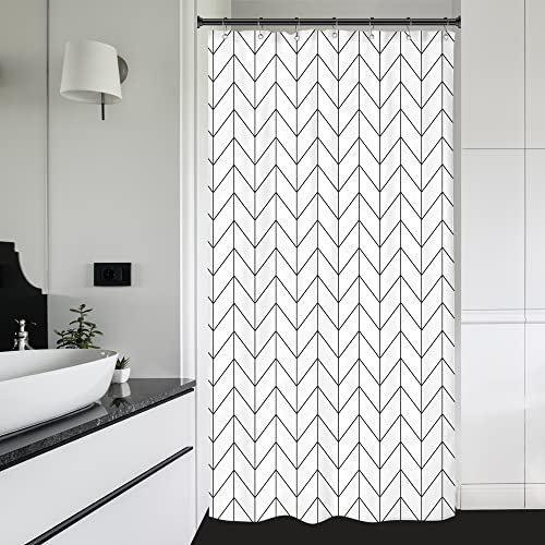 Riyidecor Small Stall 36Wx72H Inch Shower Curtain,Narrow RV Walkin Black White Herringbone Modern Bathroom Curtains,Half Stand Up Zig Zag Chevron Camper Bathroom Accessories Waterproof Fabric 7 Hooks - Image 1
