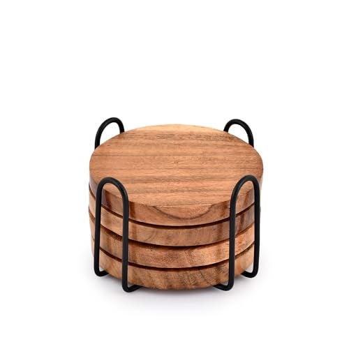 EDHAS Acacia Wood Coasters for Drinks with Iron Holder Stand for Coffee Table, Tabletop Protection Decor, Set of 4 - Image 1