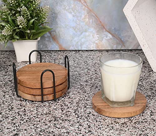 EDHAS Acacia Wood Coasters for Drinks with Iron Holder Stand for Coffee Table, Tabletop Protection Decor, Set of 4 - Image 5