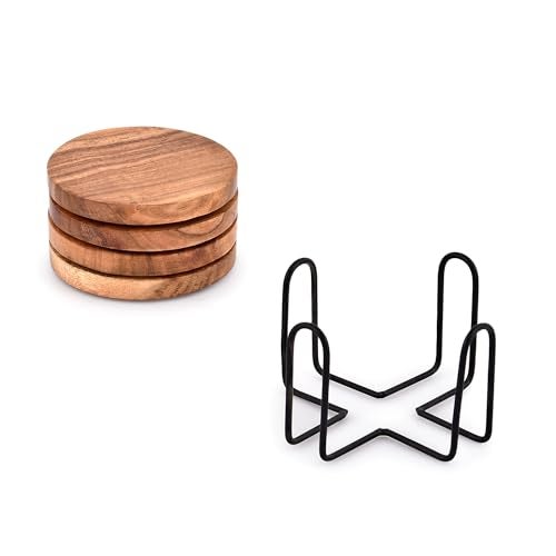 EDHAS Acacia Wood Coasters for Drinks with Iron Holder Stand for Coffee Table, Tabletop Protection Decor, Set of 4 - Image 4
