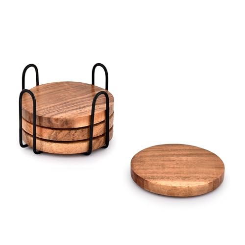 EDHAS Acacia Wood Coasters for Drinks with Iron Holder Stand for Coffee Table, Tabletop Protection Decor, Set of 4 - Image 3