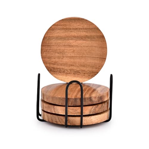 EDHAS Acacia Wood Coasters for Drinks with Iron Holder Stand for Coffee Table, Tabletop Protection Decor, Set of 4 - Image 2