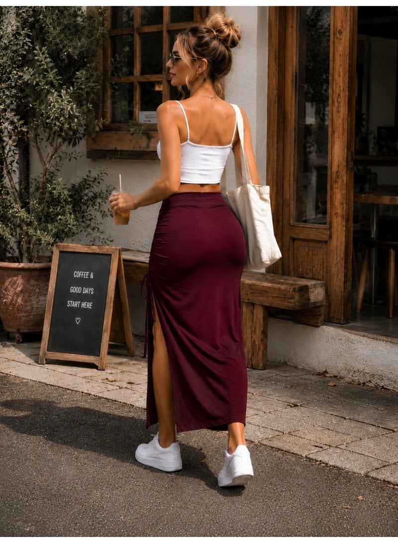 Women Burgundy Midi Skirt with Side Tie and Front Slit Code 4081 - Image 2