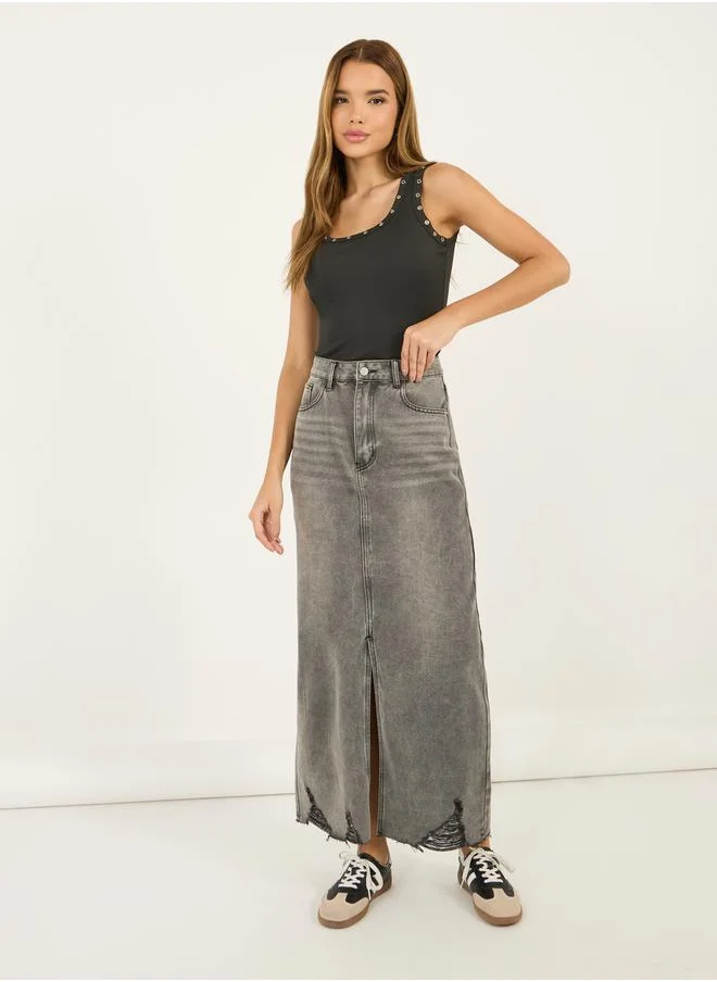 ستايلي Ripped Hem Denim Maxi Skirt with Front Slit Detail