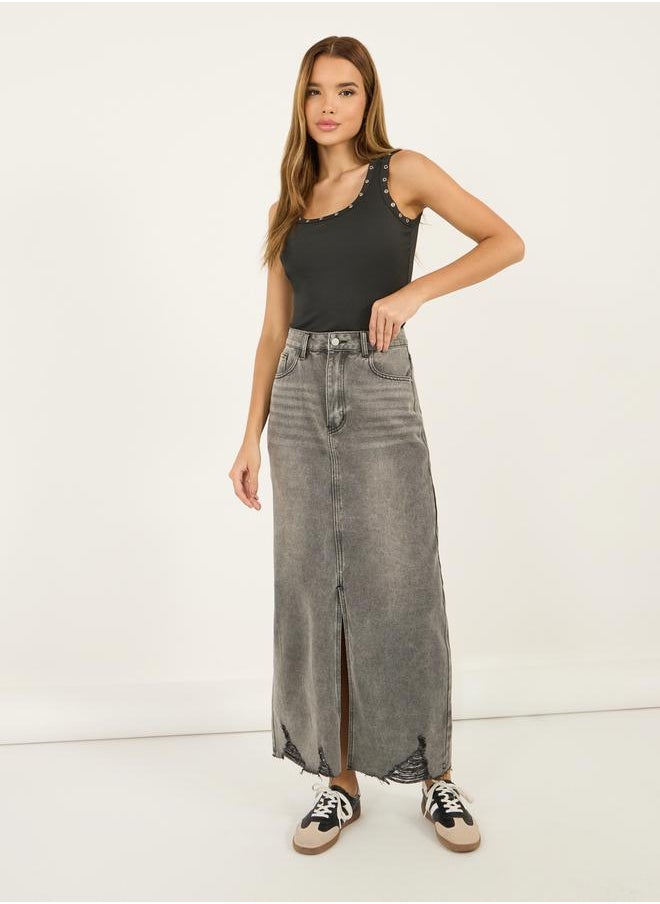 Styli Ripped Hem Denim Maxi Skirt with Front Slit Detail  - Image 1