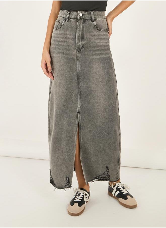 Styli Ripped Hem Denim Maxi Skirt with Front Slit Detail  - Image 2