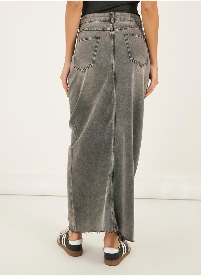 Styli Ripped Hem Denim Maxi Skirt with Front Slit Detail  - Image 4