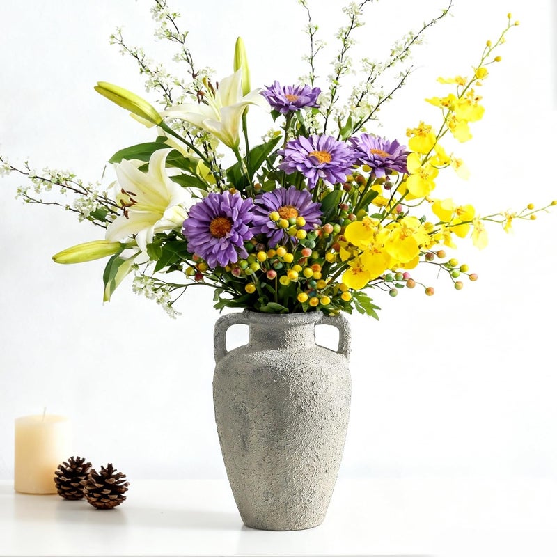 Lyeec Rustic Vase for Flowers, Ceramic Vase with Handles, 8.85 inch Tall Vintage Farmhouse Christmas Terracotta Flower Vase for Home Decor, Wide Mouth, Living Room Shelf Decor, Enterway, Table - Image 2