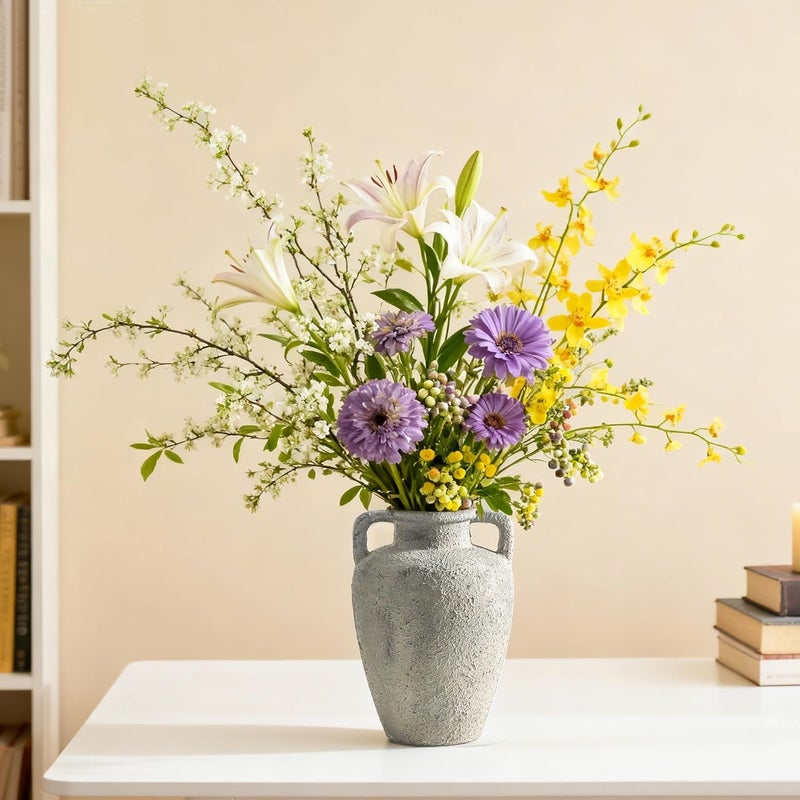 Lyeec Rustic Vase for Flowers, Ceramic Vase with Handles, 8.85 inch Tall Vintage Farmhouse Christmas Terracotta Flower Vase for Home Decor, Wide Mouth, Living Room Shelf Decor, Enterway, Table - Image 1