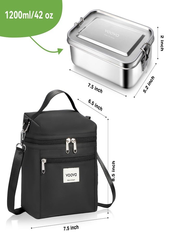 Voova Stainless Steel Lunch Box with Lunch Bag for Women Men Adult, (42oz/1200ml) Leakproof Metal Bento Box with Free Sealing, Insulated Lunch box for Work, Black - Image 2