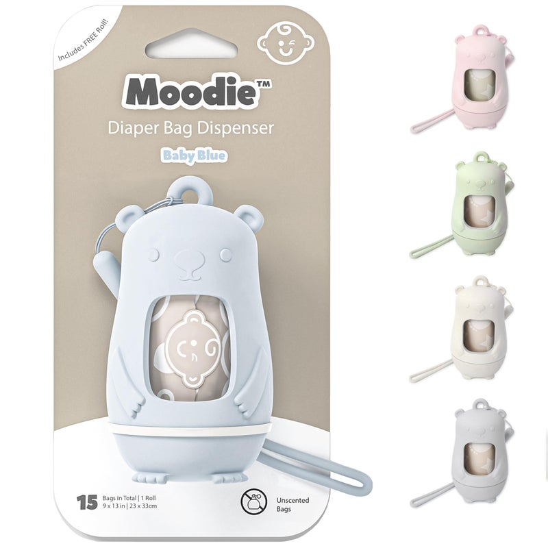 moodie Teddy Bear Diaper Bag Dispenser | Diaper Trash Bags on the Go Dispenser w/Silicon Strap | 15 UNSCENTED Baby Poop Bags per Roll | Dirty Diaper Bags Disposable | Diaper Waste Bags (BLUE) - Image 1