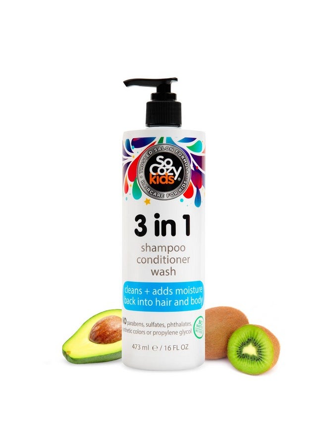 SO COZY SoCozy 3 in 1 Kids Shampoo + Conditioner + Body Wash (16 Fl Oz) Gentle, Hydrating Hair & Body Cleanser with Keratin, Vitamin B5, & Kiwi Extract, Paraben & Sulfate-Free  - Image 1